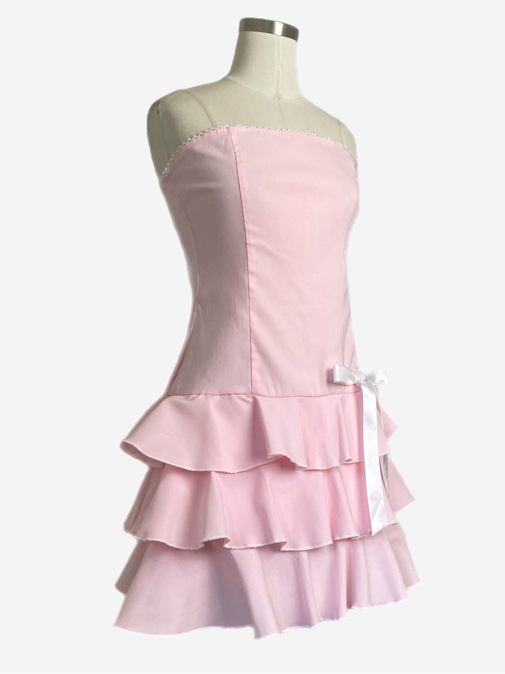 Vintage Y2K Luly K Pink strapless tiered ruffle mini dress lace bow coquette M - Picture 2 of 10